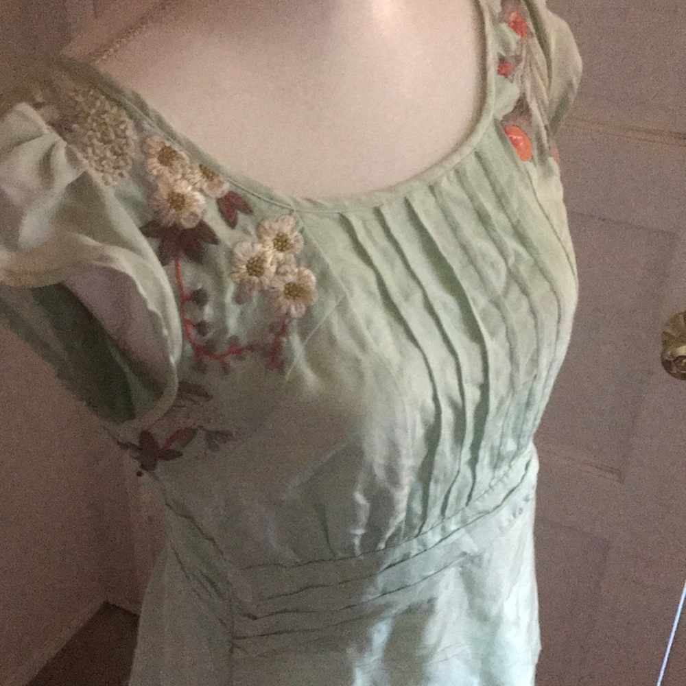 Mint green embroidered silk Anthropology top.